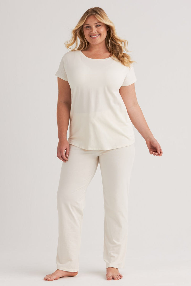 Cream cotton pyjama set, short sleeve top and full length pants, front view