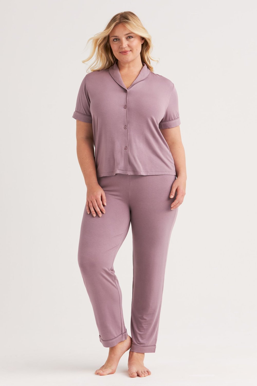 Lavender modal pyjama set, short sleeve button front shirt and full length trousers, front view
